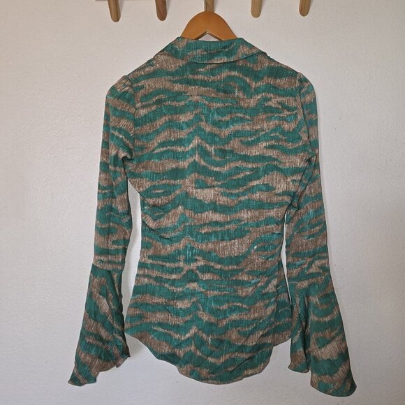 Diane von Furstenberg DVF XS Blouse Green Brown Animal Print Bell Sleeve Button - Picture 6 of 14